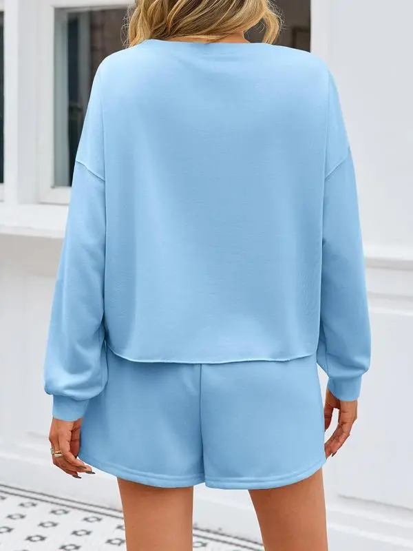 Women's Pearl-Decor Long Sleeve Sweatshirt & Loose Mini Skort 2-Piece Casual Fall Set.