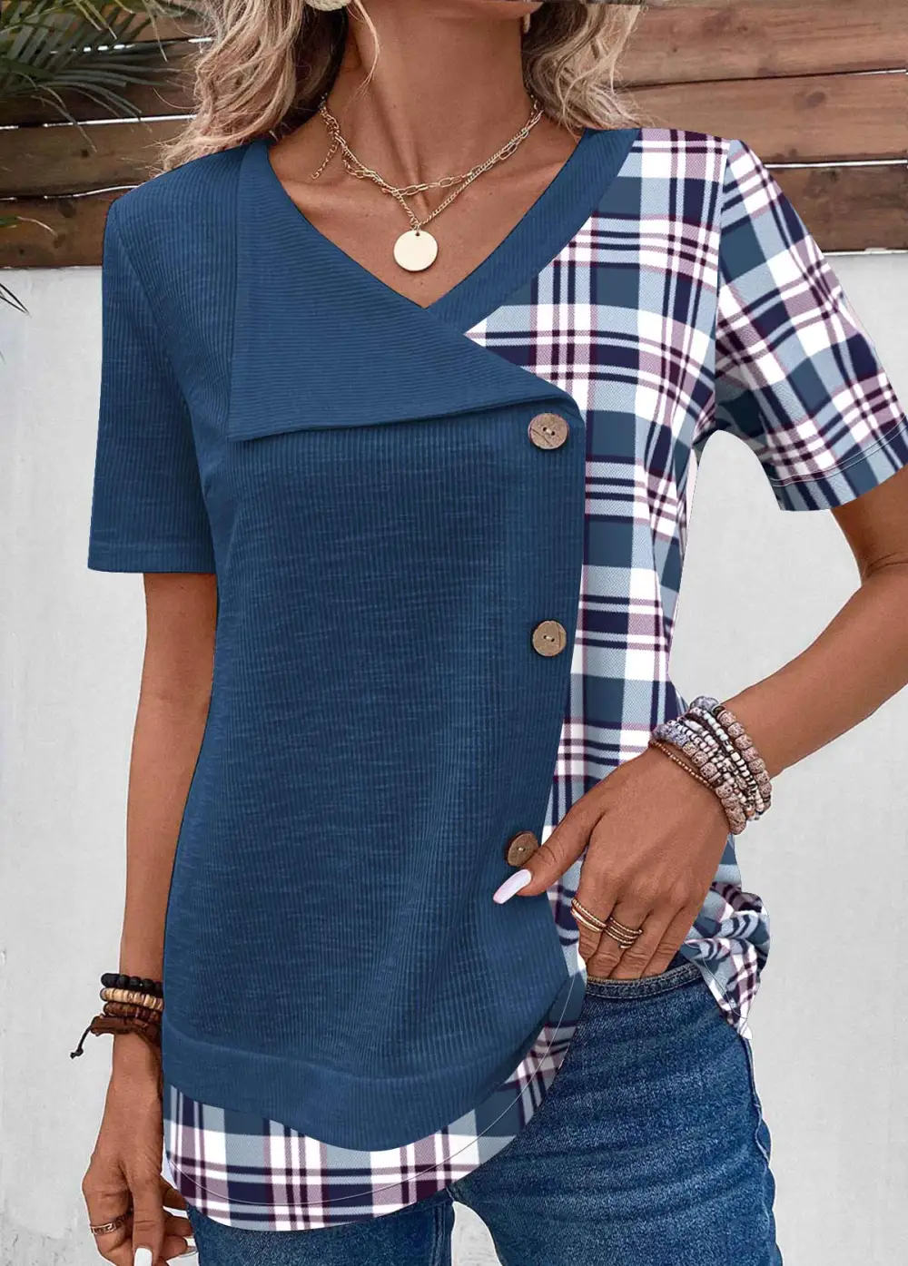 Patchwork Floral Print V Neck T Shirt