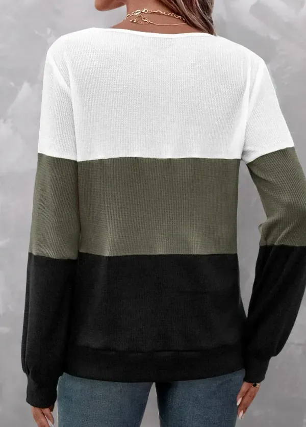 Olive Green Patchwork Long Sleeve V Neck Sweatshirt