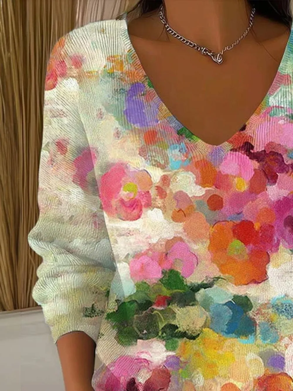 Casual V Neck Floral Cotton Sweater