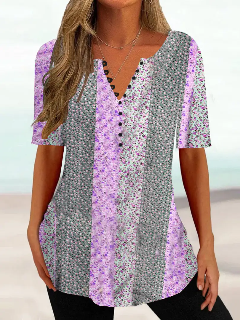 Women Half Sleeve V-neck Floral Printed Button Tops