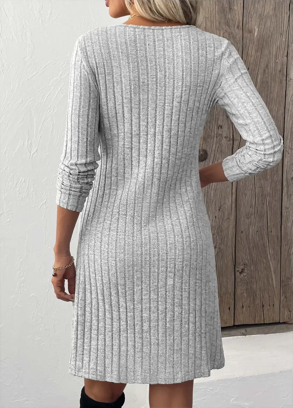 Light Grey Button Long Sleeve Scoop Neck Dress