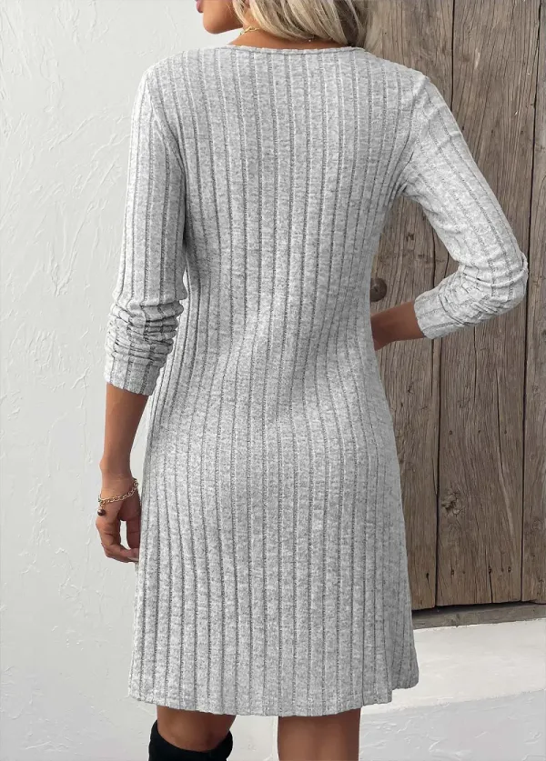 Light Grey Button Long Sleeve Scoop Neck Dress