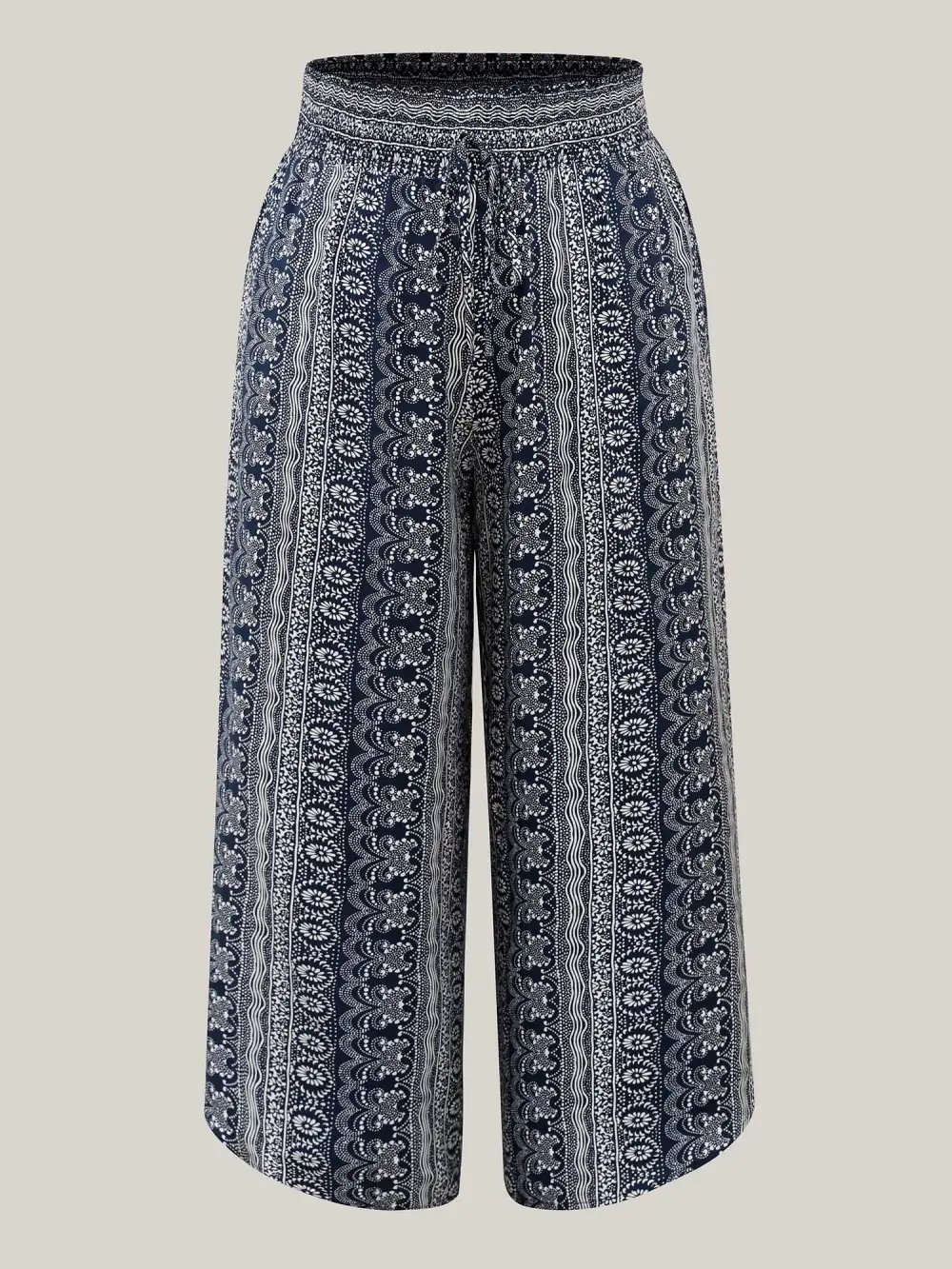 Boho Print Shirred Waist Wide-Leg Pants