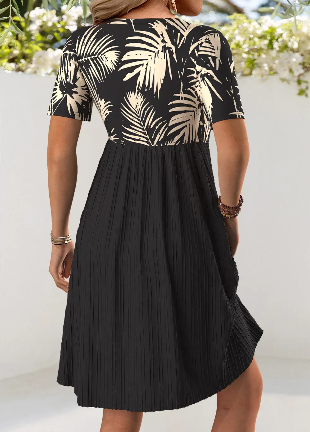 Black Leaf Print Short V Neck Dress
