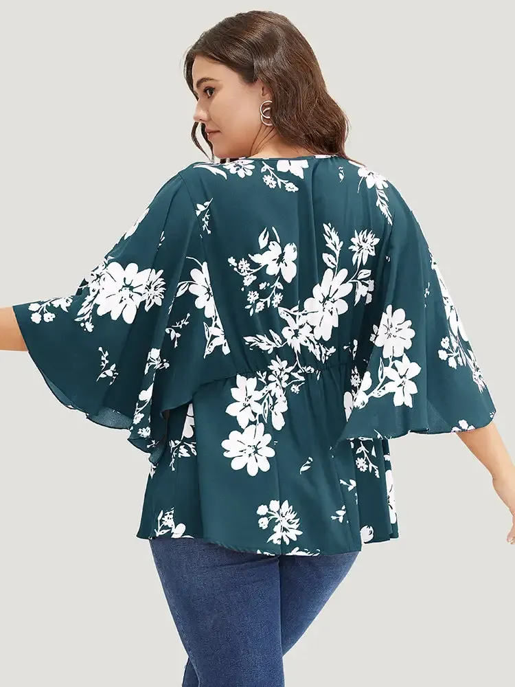 Floral Printed Plicated Detail Flutter Sleeve Blouse