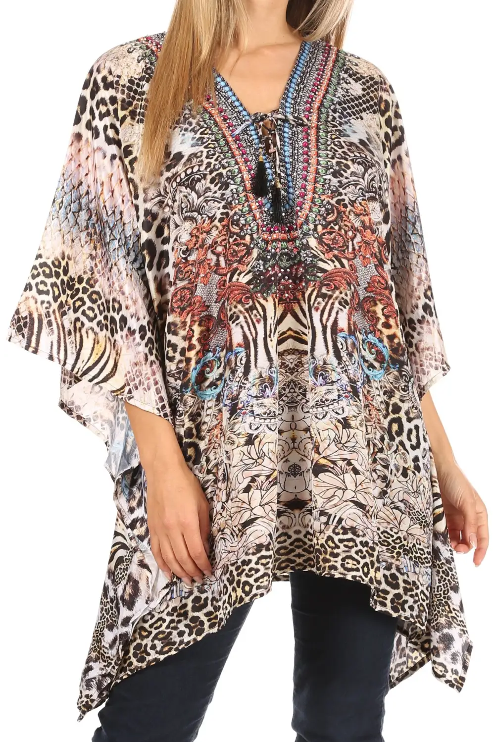 Women's Caftan Poncho Cover up V neck Top Lace up With Rhinestone