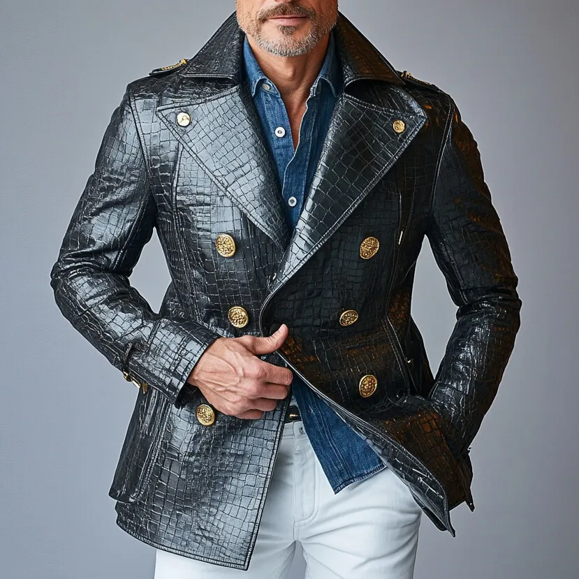 Men's Fashion PU Leather Crocodile Pattern Lapel Collar Double Breasted Jacket