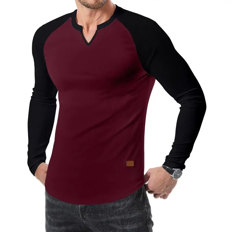 Mens Long Sleeve Muscle T Shirts Casual V-Neck Longline Ribbed Tee Shirts