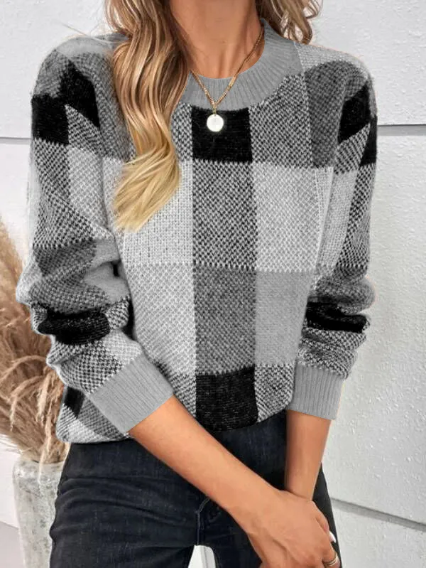 Casual Cotton Plaid Pattern Drop Shoulder Sweater