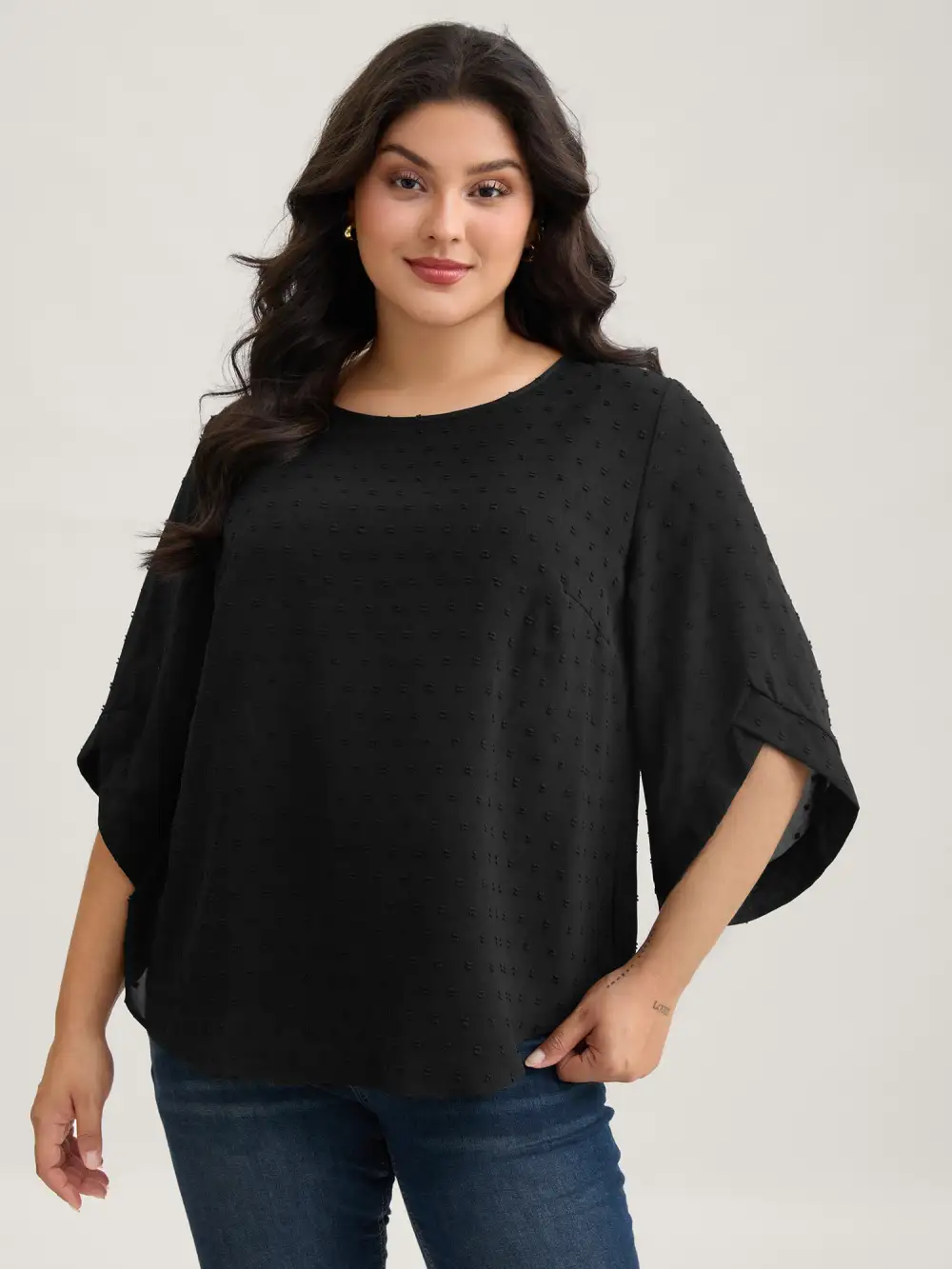 Textured Round Neck Bell Sleeve Blouse