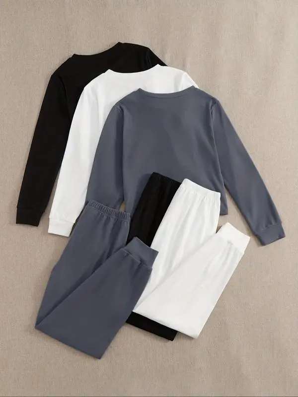 Women's lounge/pajama set: solid long-sleeve round-neck tee + tie-front elastic-waist pants, casual and comfy