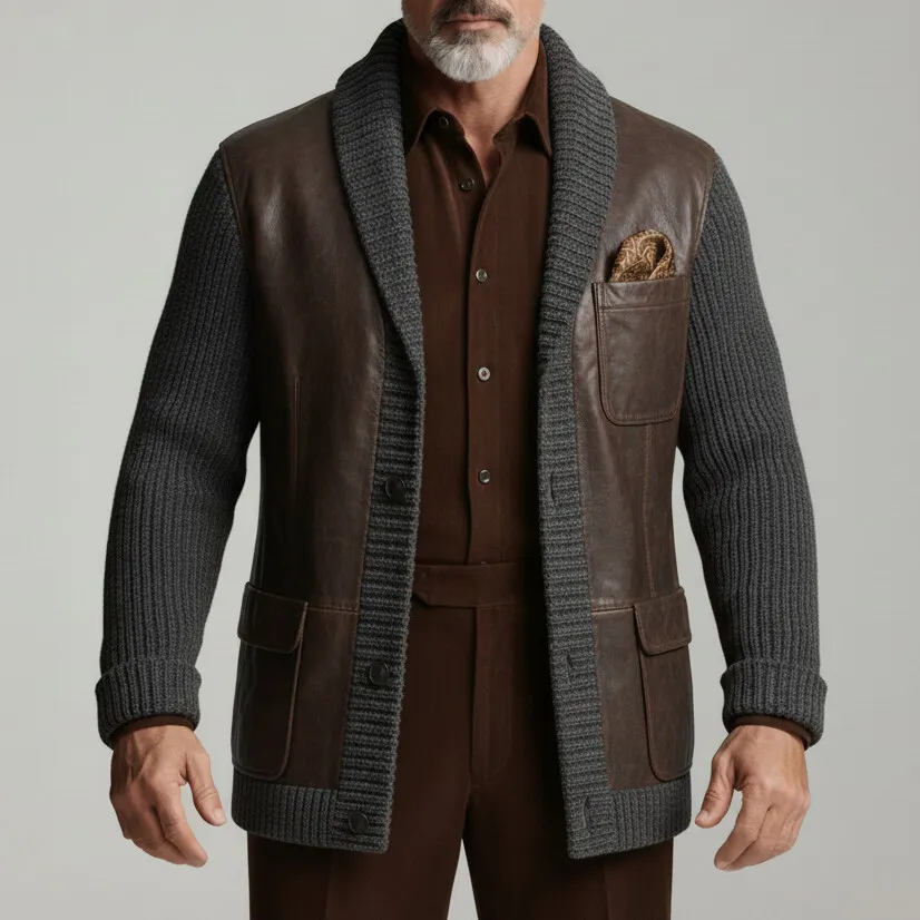 Men's Brown And Gray PU Patchwork Knit Shawl Lapel Single Breasted Pockets Long Sleeve Sweater Cardigan