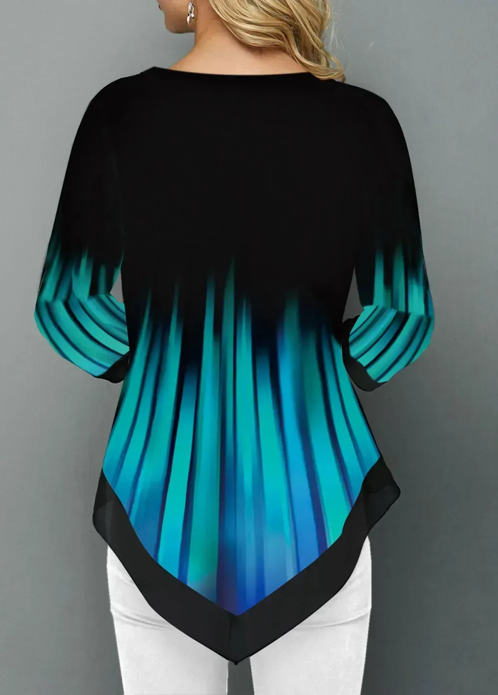 Cyan Patchwork Floral Print 3/4 Sleeve Split Neck Blouse