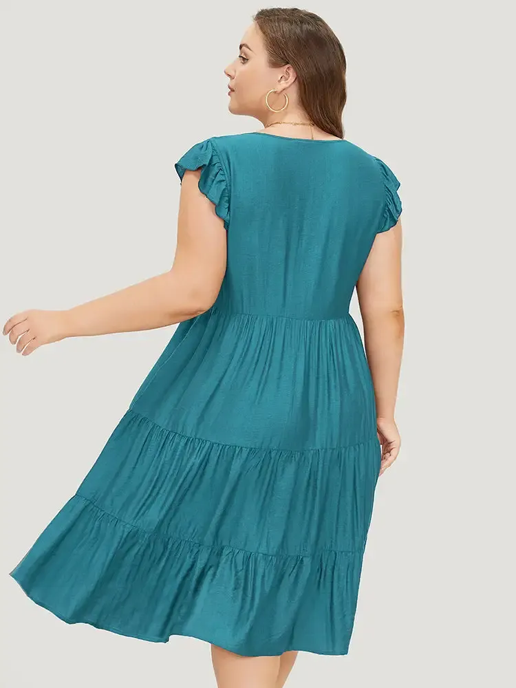 Plain Pocket Button Detail Ruffle Layered Hem Dress