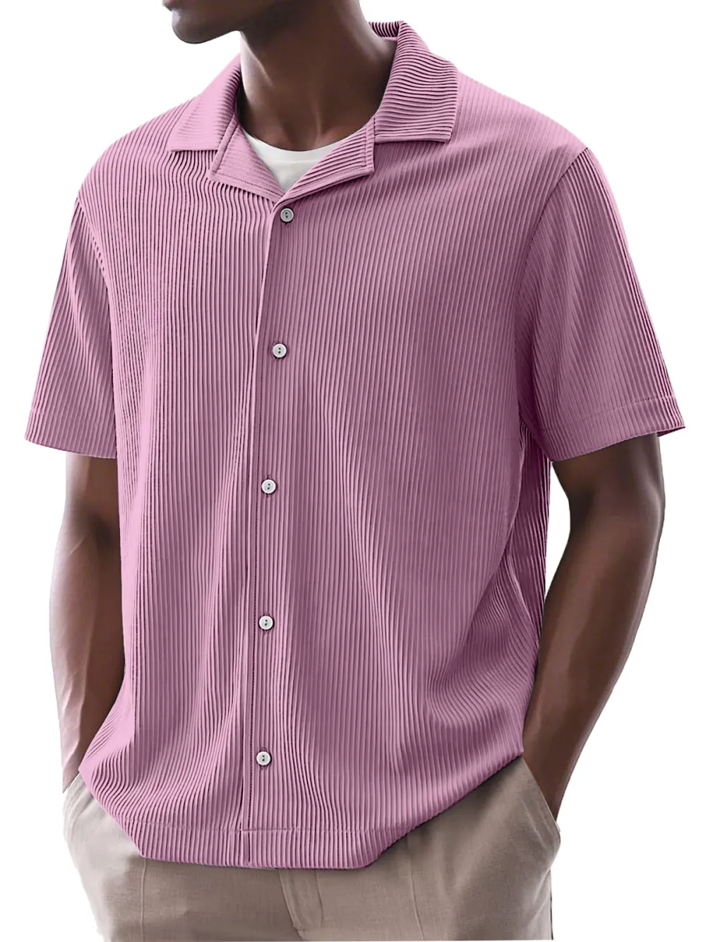 Men's Daily Simple Solid Color Ribbed Cuban Collar Short-sleeved Shirt