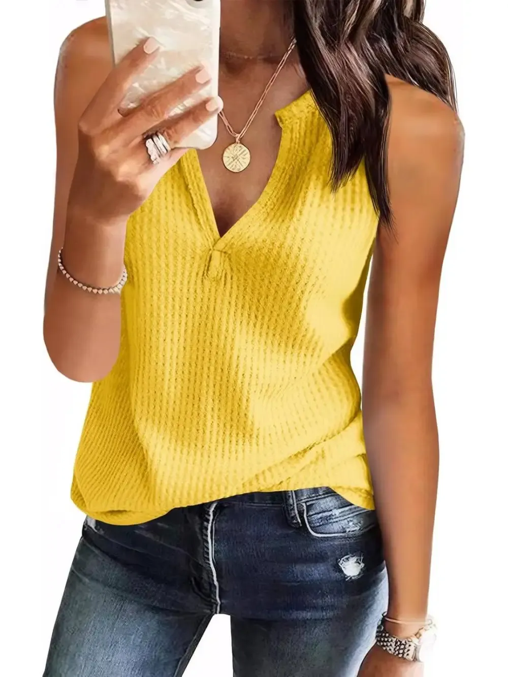 ✨Womens V Neck Waffle Knit Summer Casual Sleeveless Loose Tank Tops