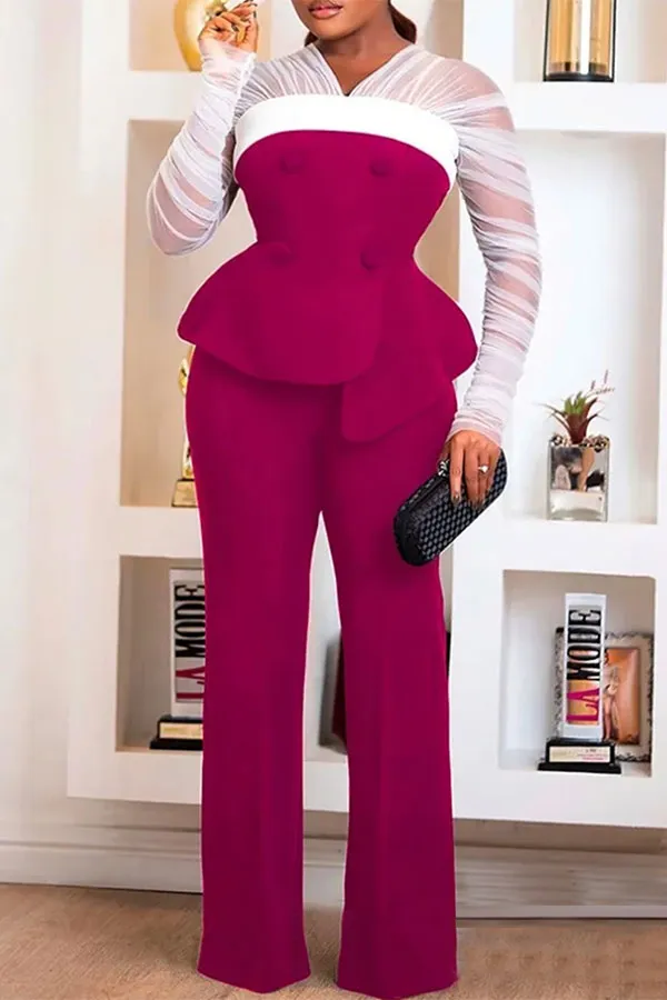 Colorblock Sheer Mesh Patchwork Peplum Pant Set