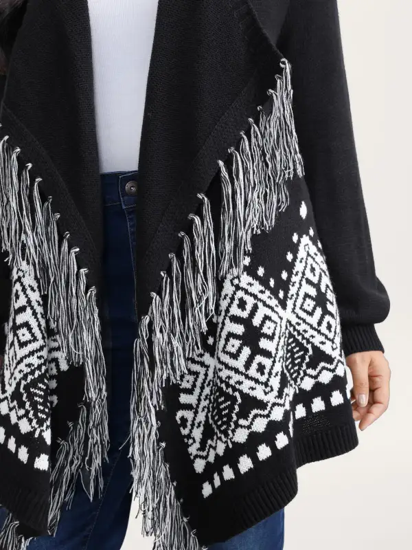 Geometrical Print Tassels Knit Cardigan
