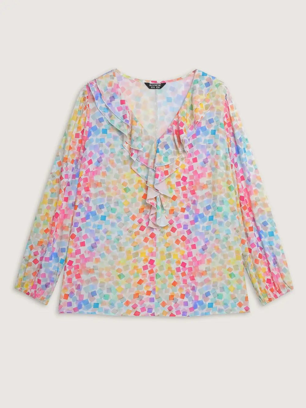 Ruffled Neckline Colorful Geometric Rayon Blouse