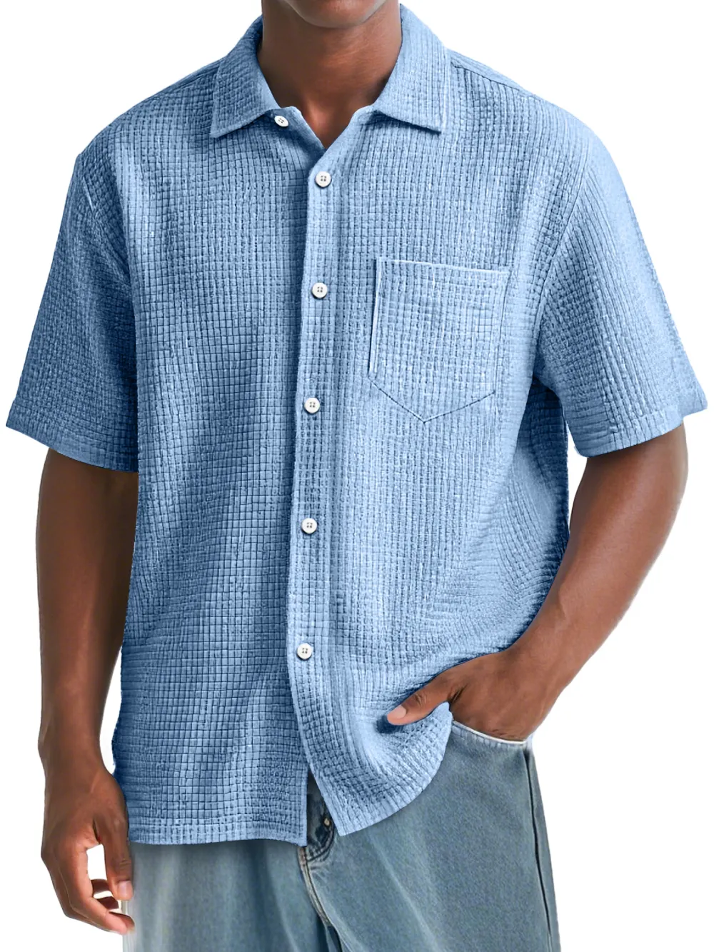 Men's Daily Waffle Texture Casual Pocket Comfort Short Sleeve Shirt