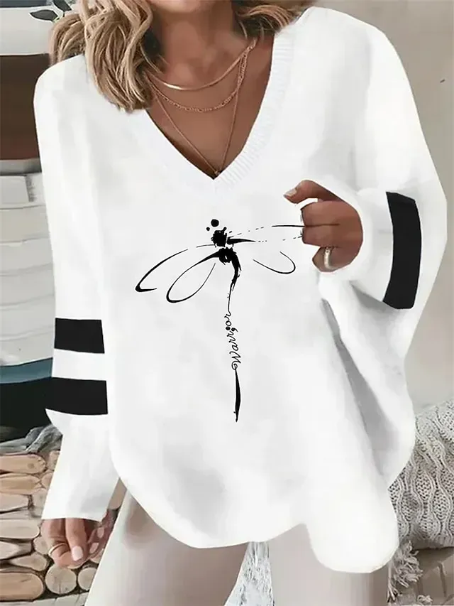 Women's Pullover Sweater Jumper Jumper Ribbed Knit Print Animal V Neck Stylish Casual Outdoor Daily Summer Fall White / Black Black S M L