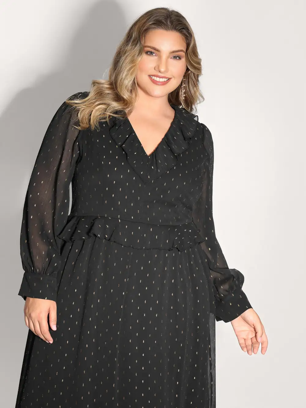 Gold Stamp Ruffled Neck Maxi Dress