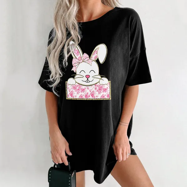 A Cute Cartoon Rabbit Pattern, The Rabbit Is Wearing A Pink Floral Bow, With Its Two Front Paws Resting On A Pink Floral Sign, Casual T-Shirt