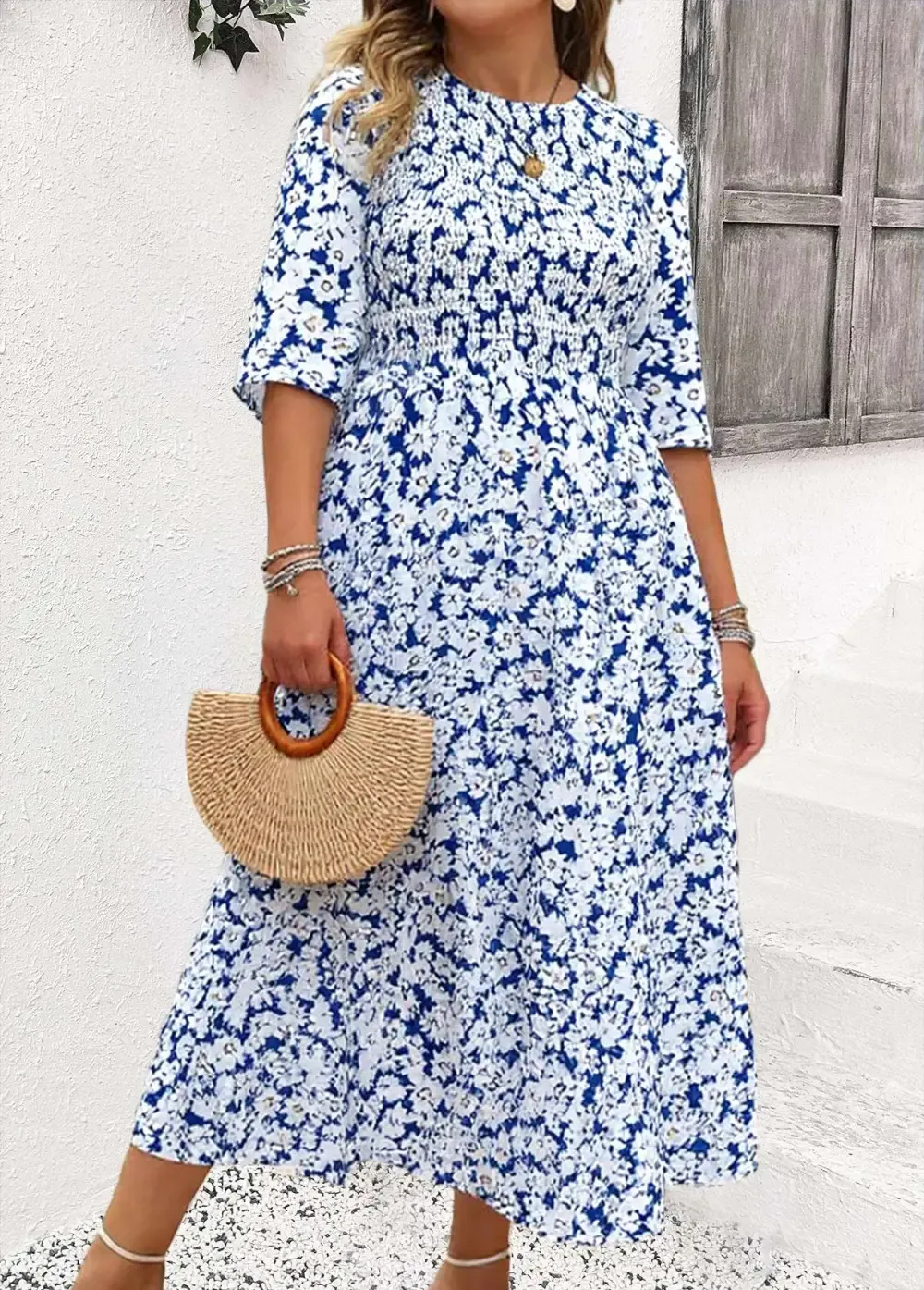Blue Smocked Ditsy Floral Print Half Sleeve Dress
