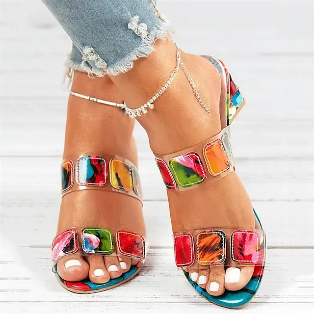 Women's Slippers Block Heel Sandals Outdoor Slippers Outdoor Beach Summer Chunky Heel Open Toe Elegant Casual PU Loafer Multicolor