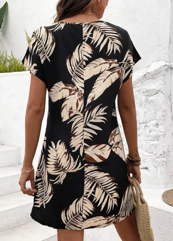 Black Tropical Plants Print Short V Neck Shift Dress