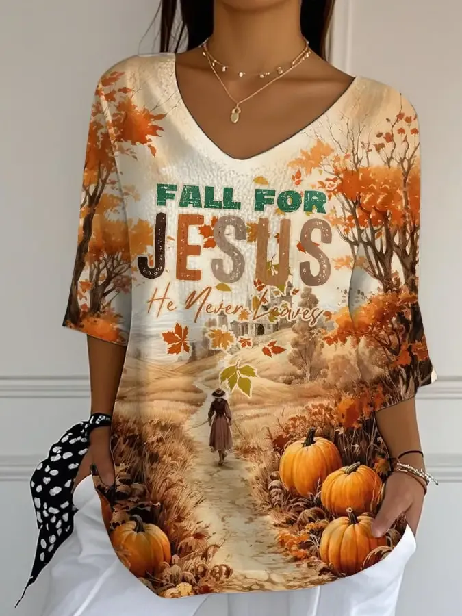 Women'S Casual Autumn Faith V-Neck T-Shirt