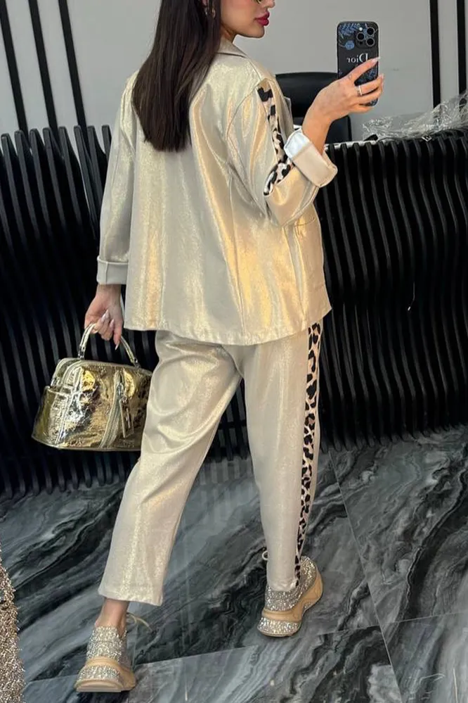 Women's Fashion Solid Color Splicing Leopard Pattern Jacket Pants Two Piece Set