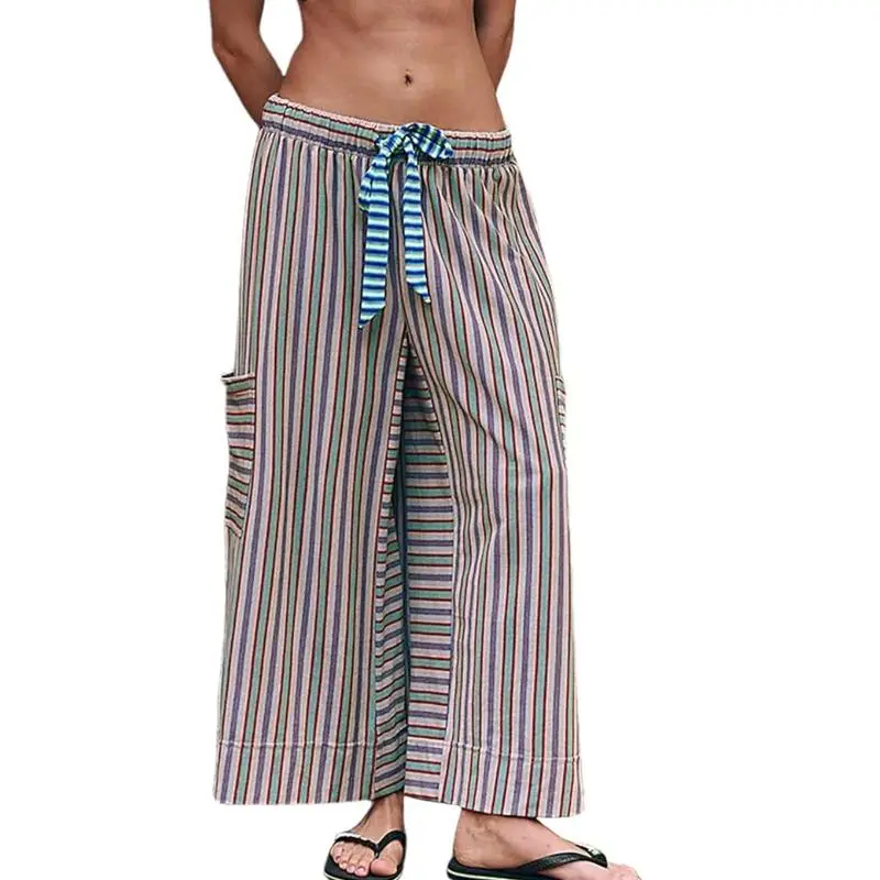 Women’s Striped Wide-Leg Pants-Drawstring, Loose Fit, Pockets