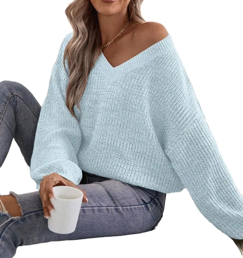 Casual Plain V neck Pullovers Long Sleeve Brown Women Sweaters (Women's)