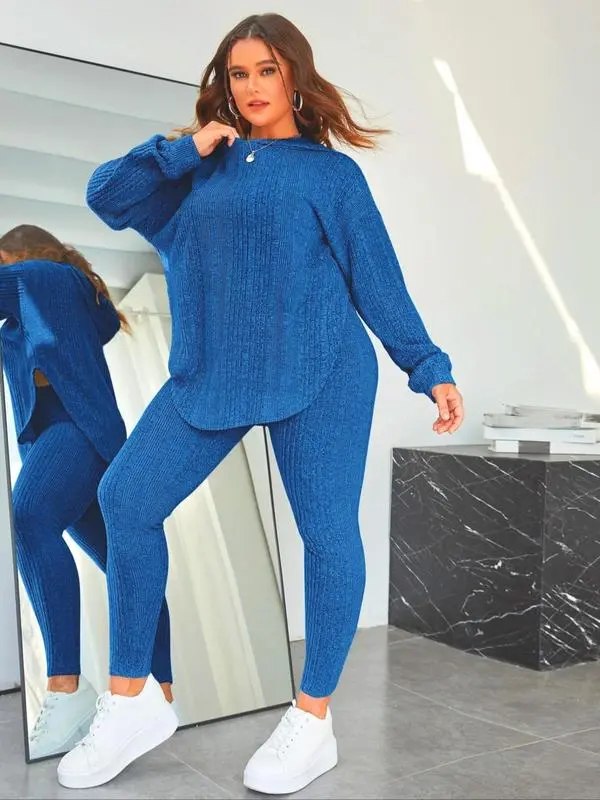 【Plus Size】 Plain Split Curved Hem Hoodie & Leggings Lounge Two-piece Set, Casual Fashion Cozy Breathable Two Piece Outfits for Daily Home Wear