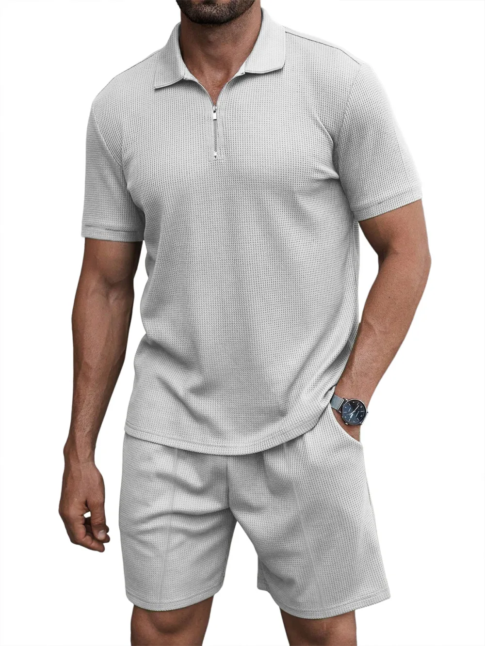 Men's Casual Waffle Zipper Short Sleeve Polo Suit