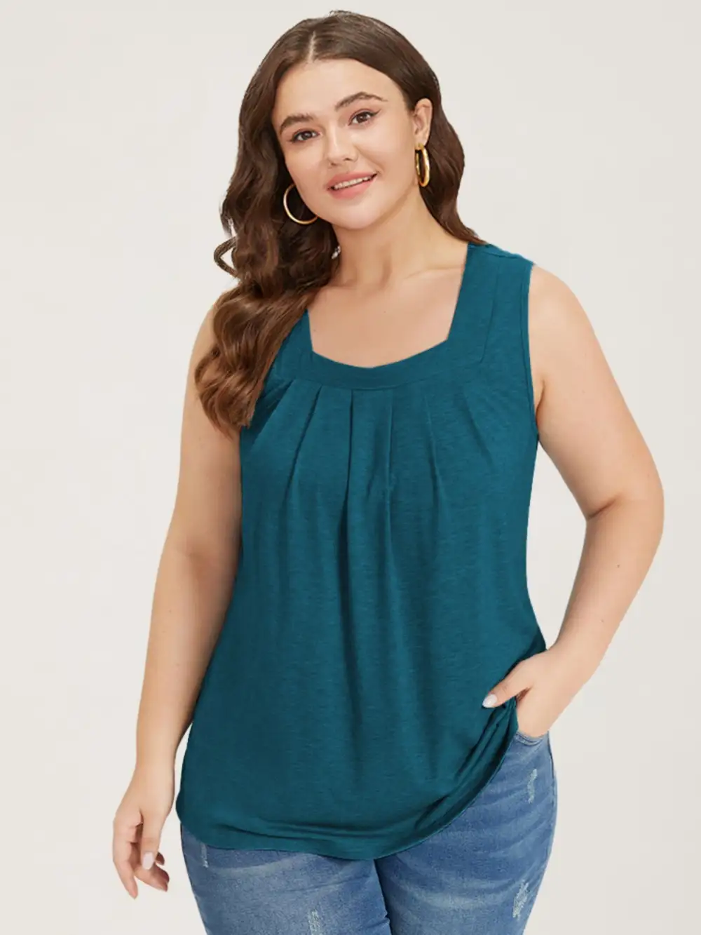 Heather Plicated Detail Square Neck Tank Top