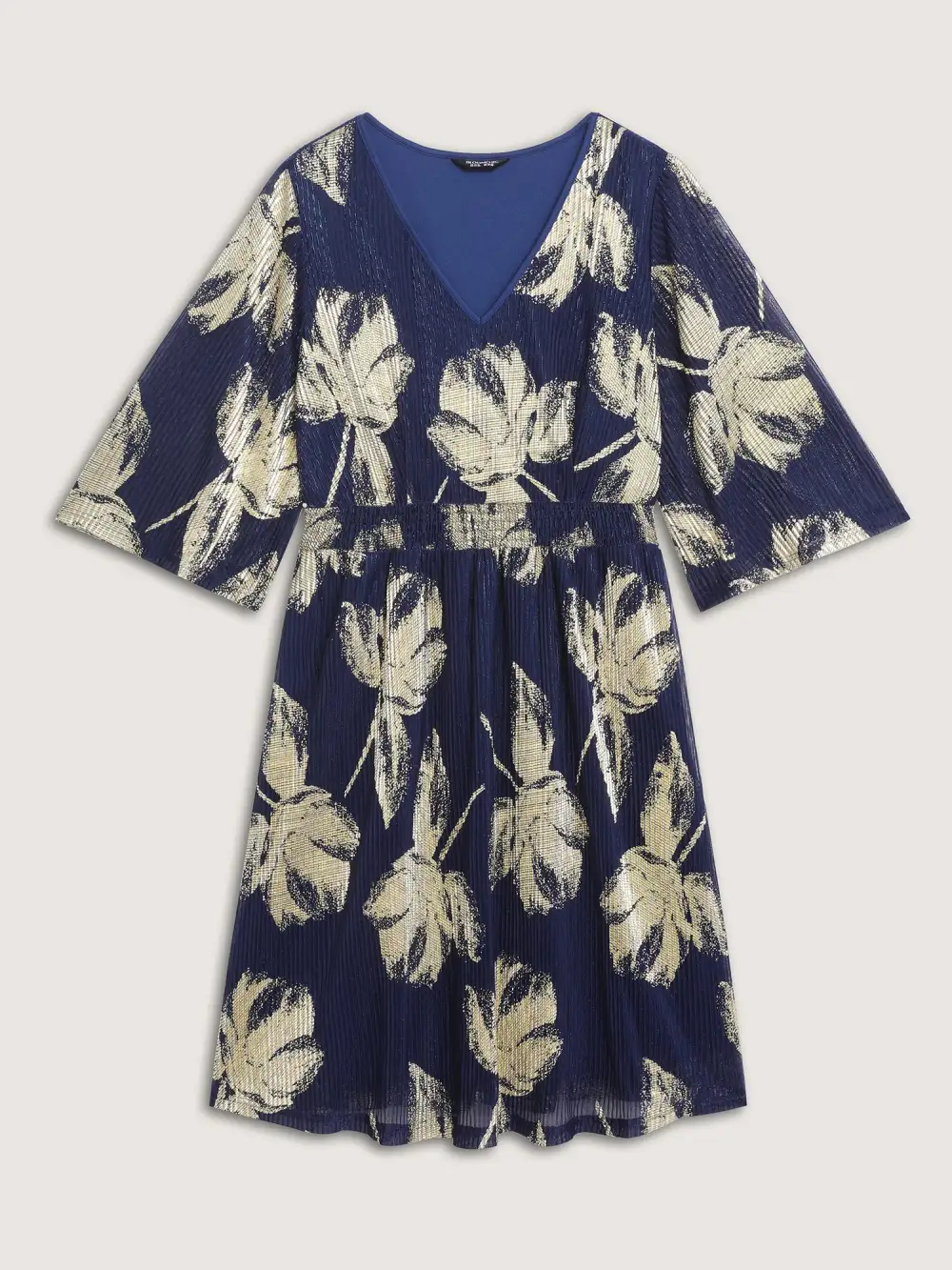 Hot Stamped Fall Leaf Shirred Midi Dress