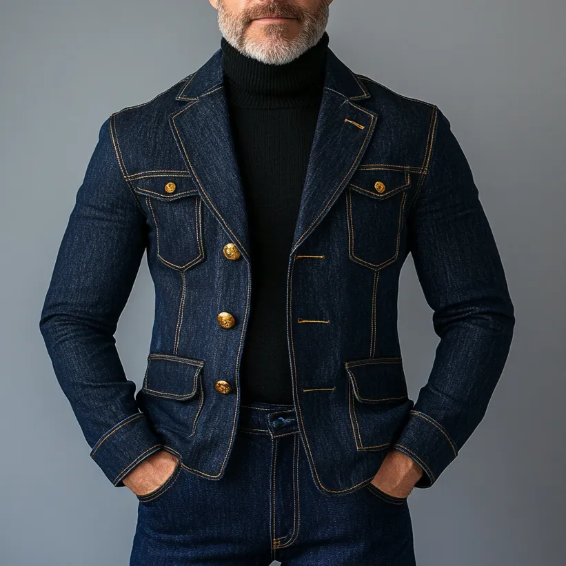 Men's Daily Denim Top Stitch Notched Lapel Three Button Jacket