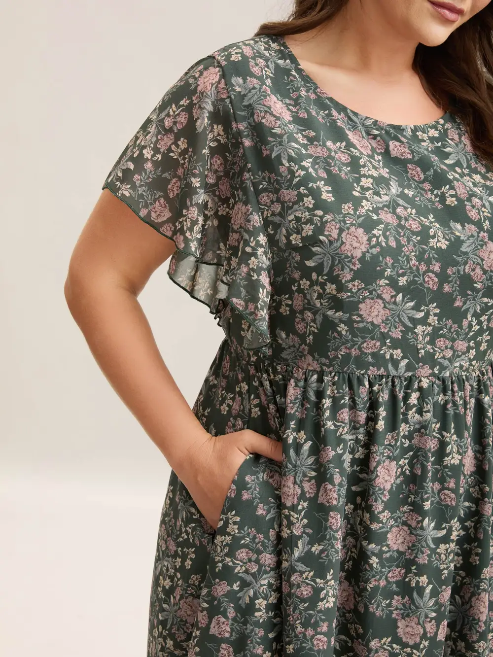 Chiffon Floral Print Ruffled Midi Dress
