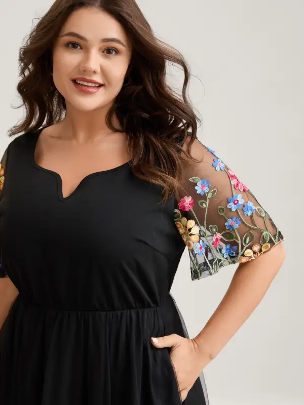 Colorful Floral Sheer Sleeve Cinched Midi Dress