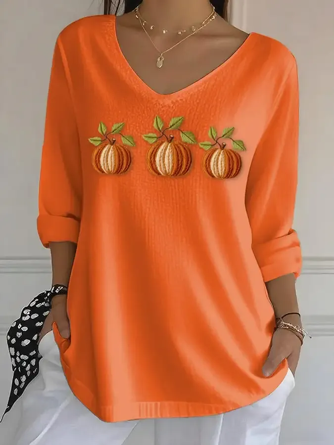 Women's Casual Autumn Pumpkin Bubble Ruffle Long Sleeve Top