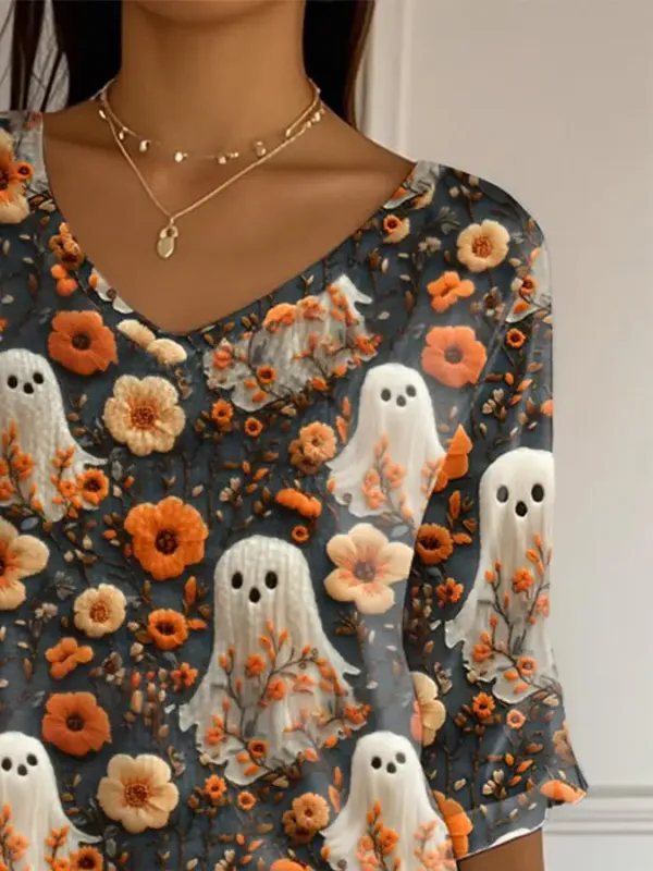 Women's Ghost Print V-Neck T-Shirt