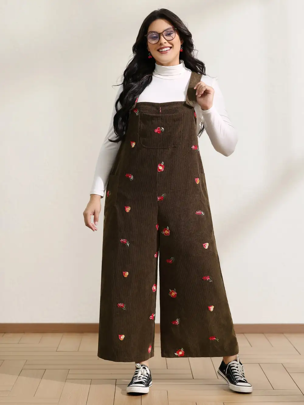 Corduroy Embroidered Patch Pocket Overall Jumpsuit