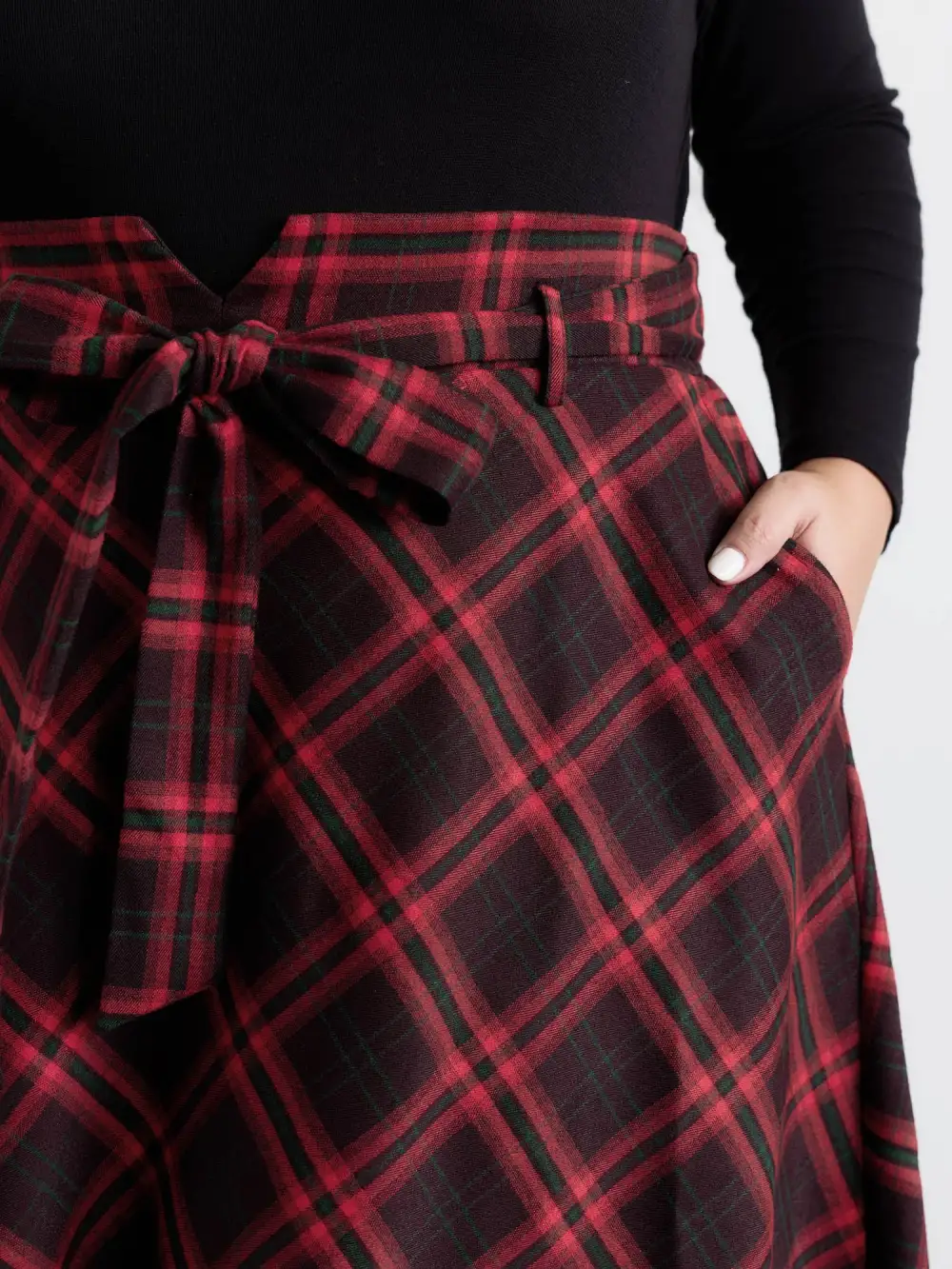 Plaid Waist-Tie Flowy Midi Skirt