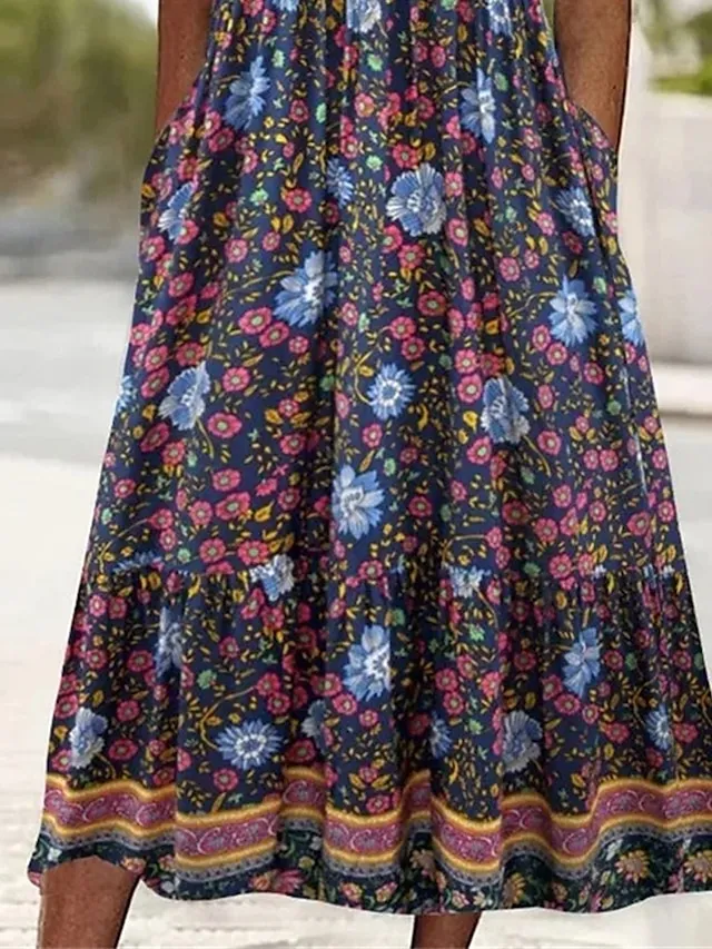 Women's Casual Dress Summer Dress Boho Dress Floral Ruched Pocket Crew Neck Midi Dress