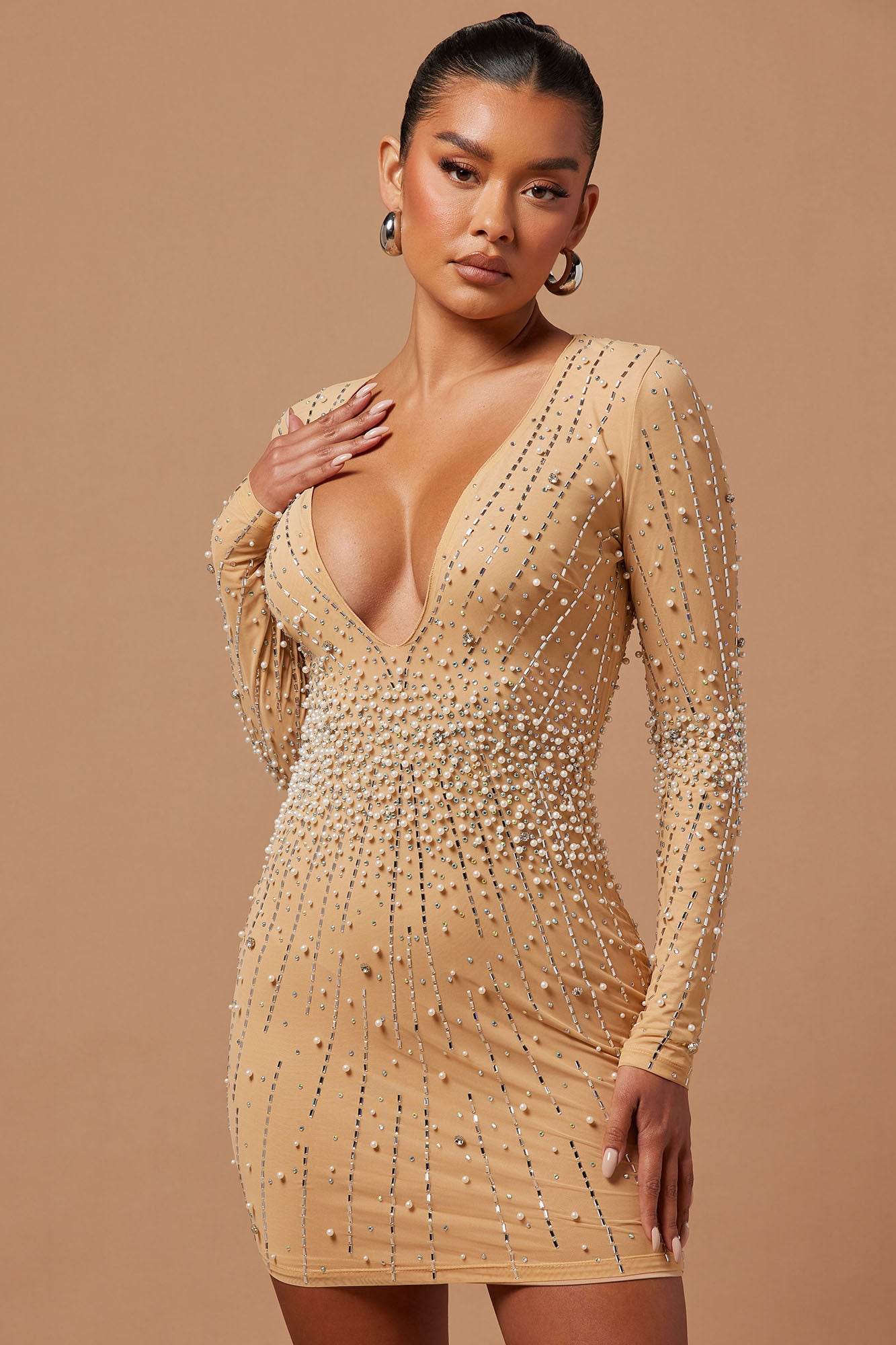 Juliette Embellished Mini Dress - Nude