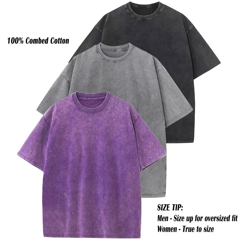 3 Pack Acid Wash Oversized Cotton T-Shirts – Unisex Casual Crew Neck Summer Tops