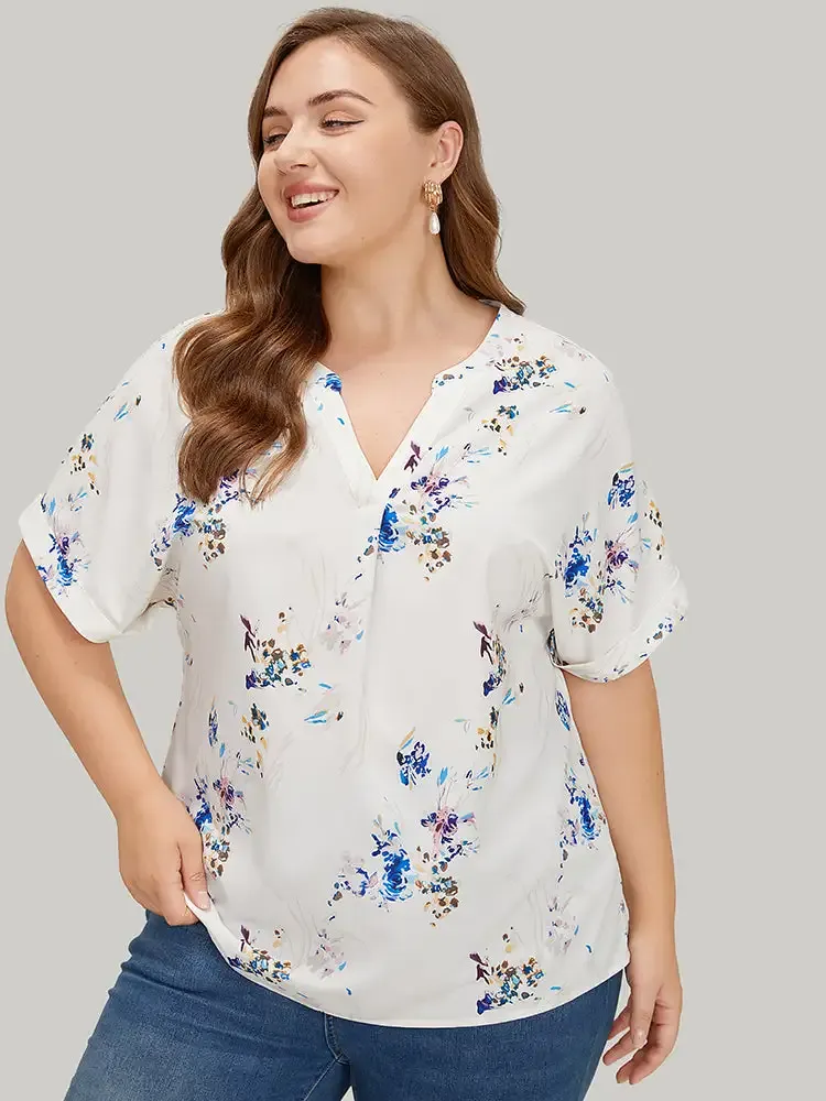 Floral Roll Batwing Sleeve Notched Neck Blouse